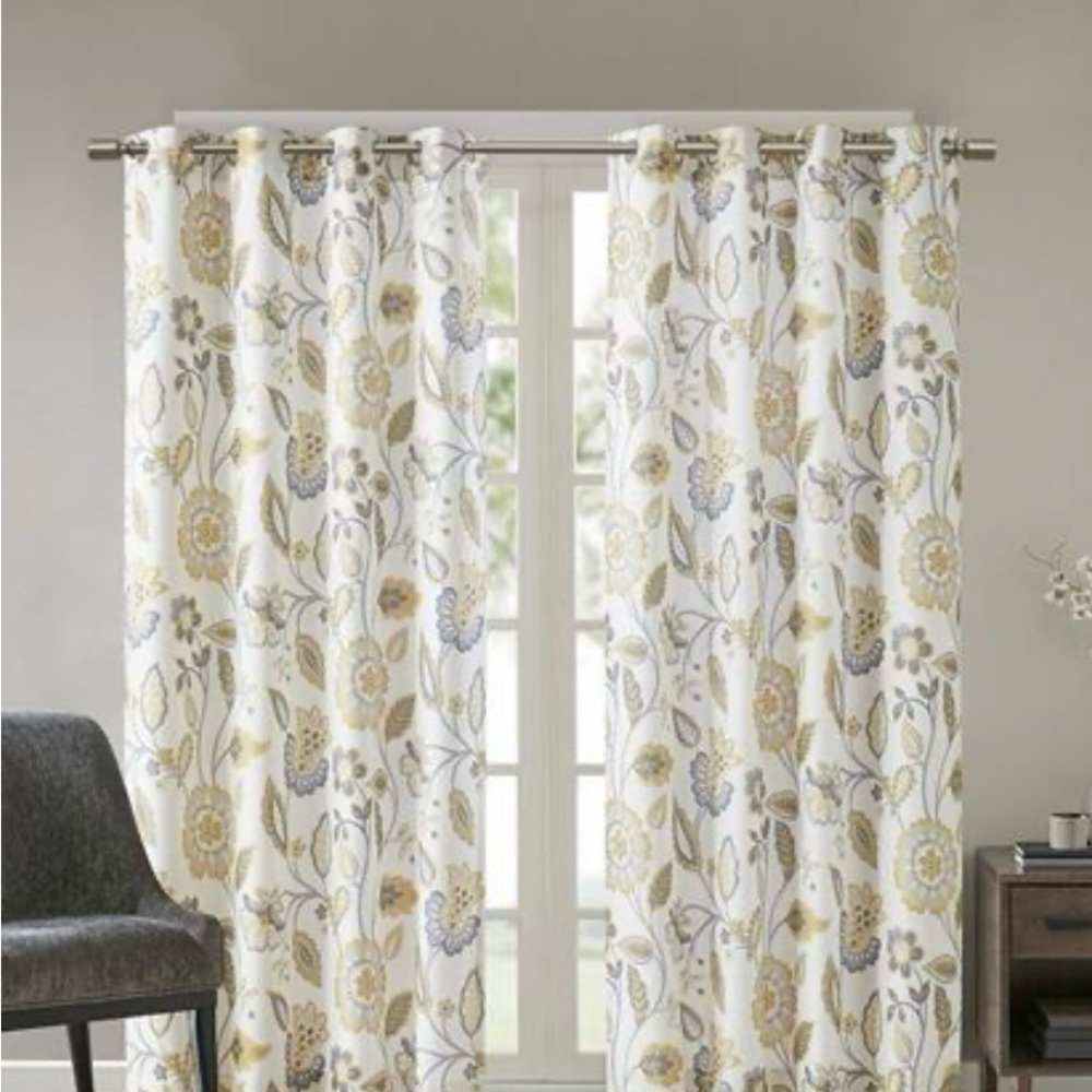 Floral Pattern Grommet Curtain Panels - White with Gold & Gray